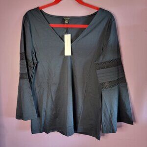 NWT Ann Taylor Women size M 3/4 Bell Sleeve V neck blue Top